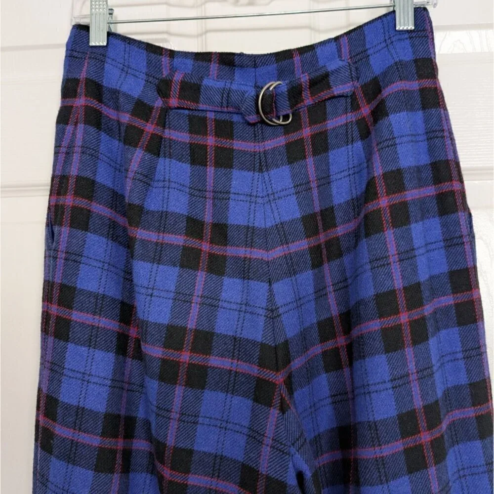 Vintage Plaid Pleated Pants Womens Size 8 Blue Wool Blend Lined High Waisted